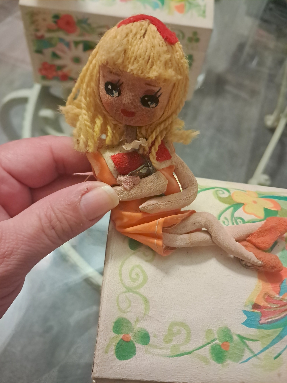 Handmade Orange Fabric Doll Jewelry Box - Blonde